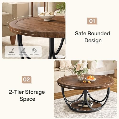 Round Coffee Table with 2 Tiers, 31.5" Wooden Circle Accent Cocktail Table with Storage Shelf and Metal Frame, alternate view