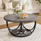 Round Coffee Table with 2 Tiers, 31.5" Wooden Circle Accent Cocktail Table with Storage Shelf and Metal Frame