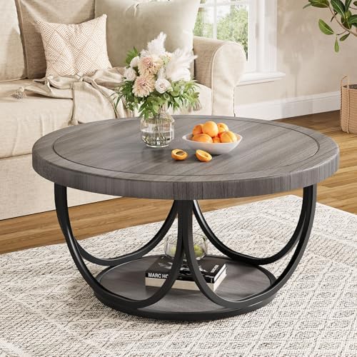 Round Coffee Table with 2 Tiers, 31.5" Wooden Circle Accent Cocktail Table with Storage Shelf and Metal Frame