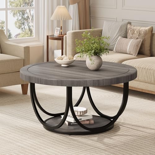 Round Coffee Table with 2 Tiers, 31.5" Wooden Circle Accent Cocktail Table with Storage Shelf and Metal Frame, alternate view