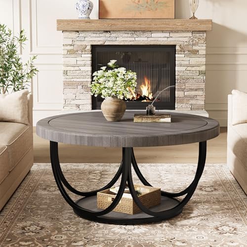 Round Coffee Table with 2 Tiers, 31.5" Wooden Circle Accent Cocktail Table with Storage Shelf and Metal Frame, alternate view