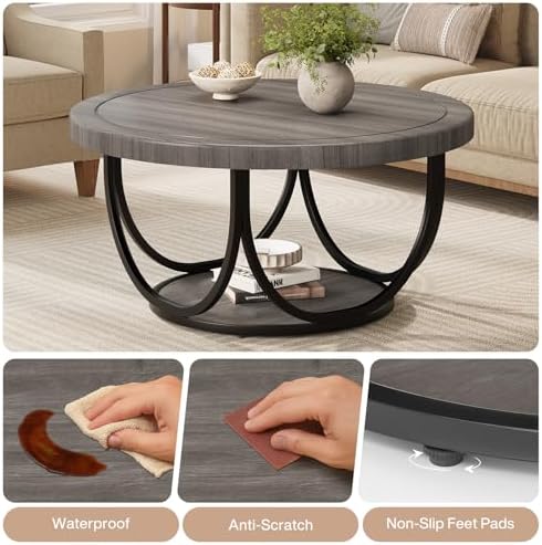 Round Coffee Table with 2 Tiers, 31.5" Wooden Circle Accent Cocktail Table with Storage Shelf and Metal Frame, alternate view
