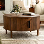 Round Coffee Table with Sliding Doors, Mid-Century, Walnut