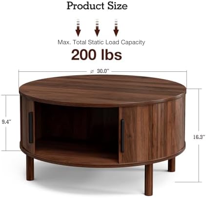 Round Coffee Table with Sliding Doors, Mid-Century, Walnut, alternate view 2