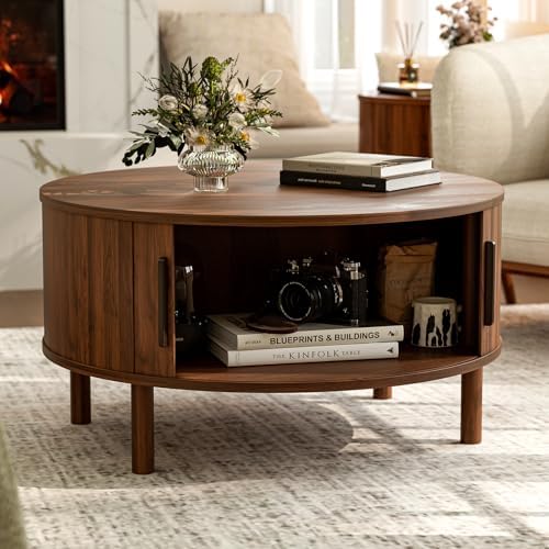 Round Coffee Table with Sliding Doors, Mid-Century, Walnut, alternate view 3