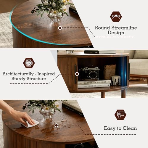Round Coffee Table with Sliding Doors, Mid-Century, Walnut, alternate view 5