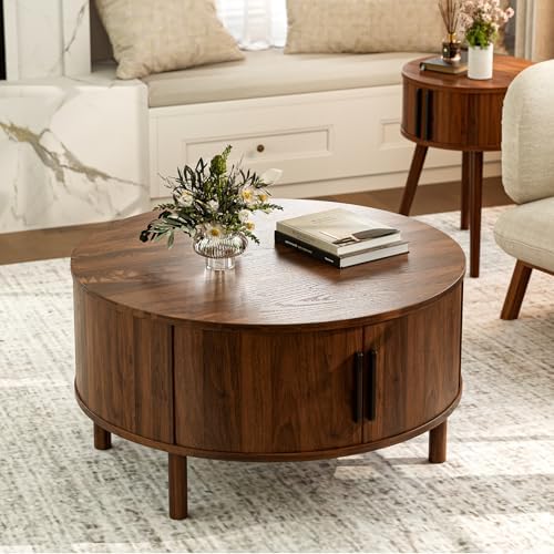 Round Coffee Table with Sliding Doors, Mid-Century, Walnut, alternate view 6