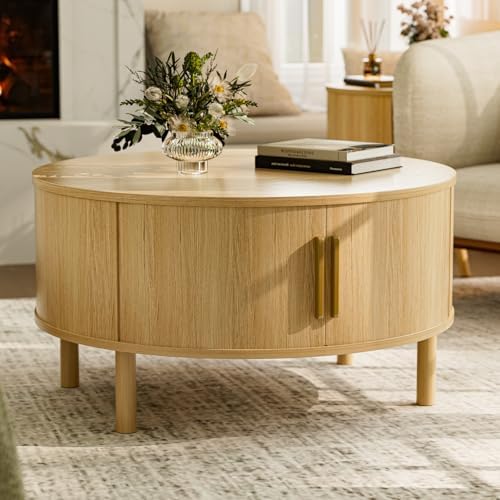 Round Coffee Table with Sliding Doors, Modern, Natural