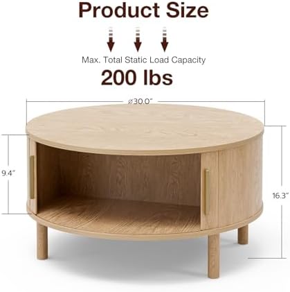 Round Coffee Table with Sliding Doors, Modern, Natural, alternate view 2