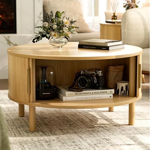 Round Coffee Table with Sliding Doors, Modern, Natural, alternate view 3