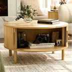 Round Coffee Table with Sliding Doors, Modern, Natural, alternate view 3