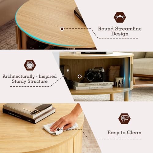 Round Coffee Table with Sliding Doors, Modern, Natural, alternate view 5