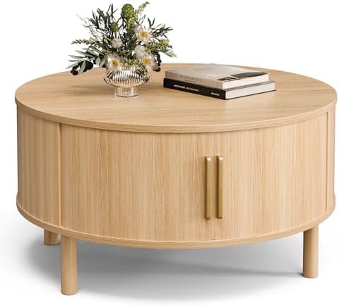 Round Coffee Table with Sliding Doors, Modern, Natural, alternate view 7