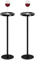 Round Drink Table Set 2, Small Pedestal Side Table, Black Marble