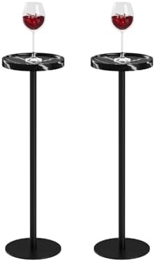 Round Drink Table Set 2, Small Pedestal Side Table, Black Marble