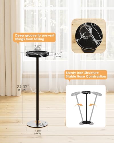 Round Drink Table Set 2, Small Pedestal Side Table, Black Marble, alternate view 3