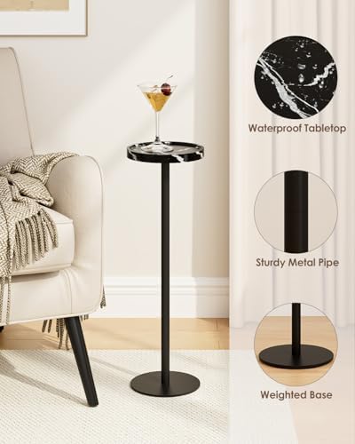 Round Drink Table Set 2, Small Pedestal Side Table, Black Marble, alternate view 4