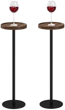 Round Drink Table Set 2, Small Pedestal Side Table, Brown Walnut