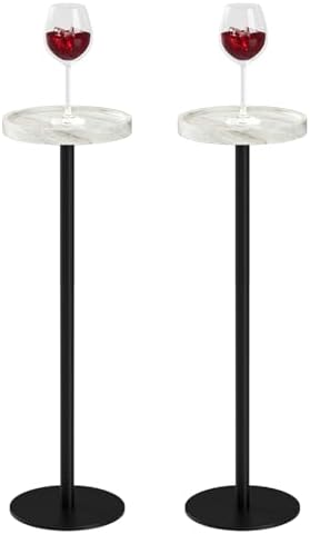 Round Drink Table Set 2, Small Pedestal Side Table, White Marble