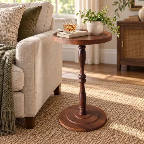 Round Drink Table, Small Pedestal Side Table, Martini Table, Dark Walnut in Dark Walnut