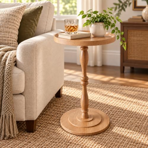 Round Drink Table, Small Pedestal Side Table, Martini Table, Natural Oak in Light Walnut