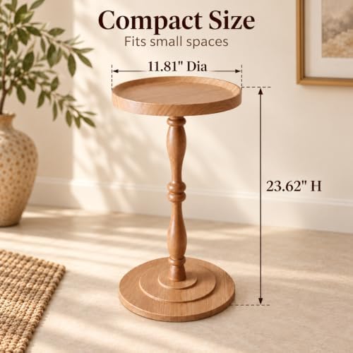 Round Drink Table, Small Pedestal Side Table, Martini Table, Natural Oak in Light Walnut, alternate view 2