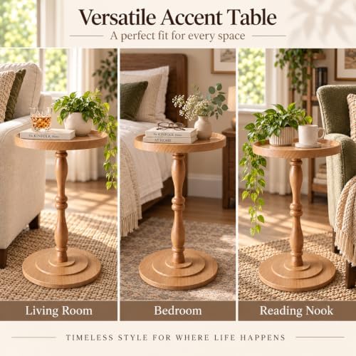Round Drink Table, Small Pedestal Side Table, Martini Table, Natural Oak in Light Walnut, alternate view 5