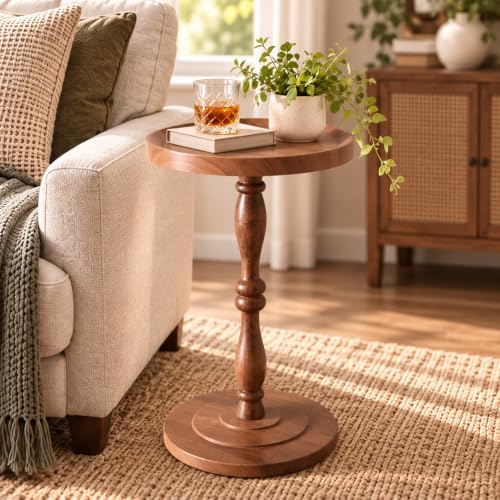 Round Drink Table, Small Pedestal Side Table, Martini Table, Walnut Brown in Brown