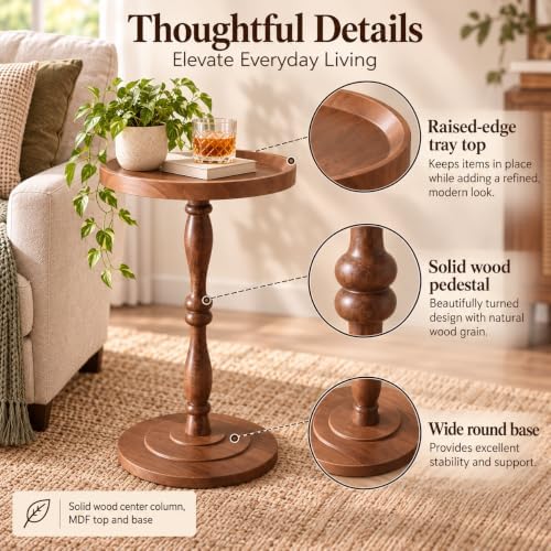 Round Drink Table, Small Pedestal Side Table, Martini Table, Walnut Brown in Brown, alternate view 4