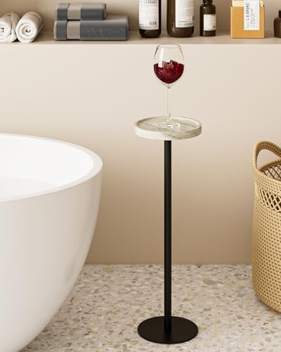 Round Drink Table, Small Pedestal Side Table, White Marble, alternate view 2