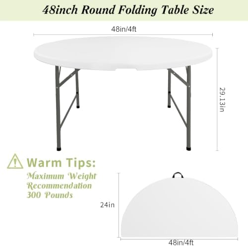 Round Folding Tables White Foldable Table, Fold-in-Half with Carrying Handle Portable Plastic Table for Party, alternate view