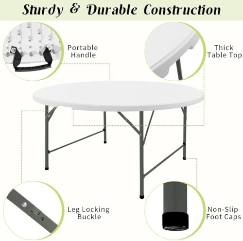 Round Folding Tables White Foldable Table, Fold-in-Half with Carrying Handle Portable Plastic Table for Party, alternate view