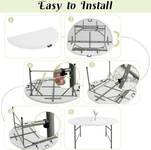 Round Folding Tables White Foldable Table, Fold-in-Half with Carrying Handle Portable Plastic Table for Party, alternate view