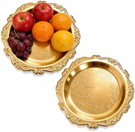 Round Gold Tray, Serving Platters, Vintage Metal Dessert Snack Platter, Decorative for Coffee Table, Fruits