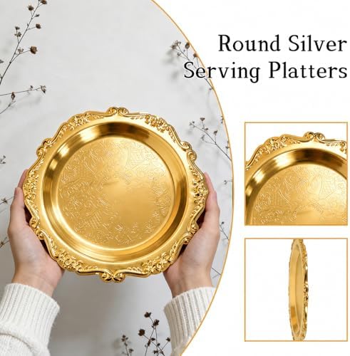 Round Gold Tray, Serving Platters, Vintage Metal Dessert Snack Platter, Decorative for Coffee Table, Fruits, alternate view 3