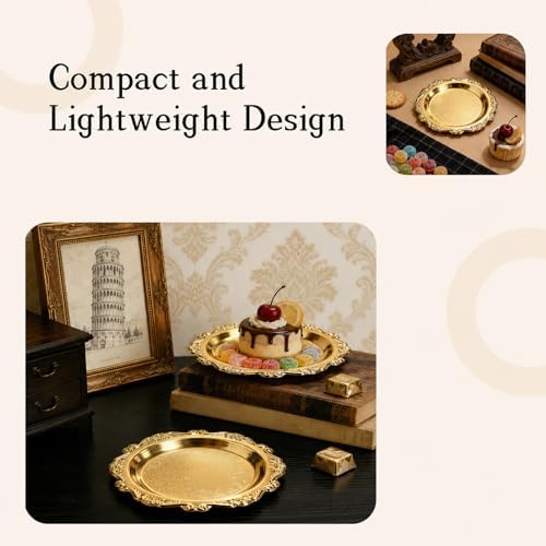 Round Gold Tray, Serving Platters, Vintage Metal Dessert Snack Platter, Decorative for Coffee Table, Fruits, alternate view 4