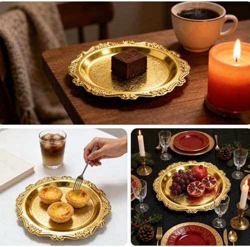 Round Gold Tray, Serving Platters, Vintage Metal Dessert Snack Platter, Decorative for Coffee Table, Fruits, alternate view 6