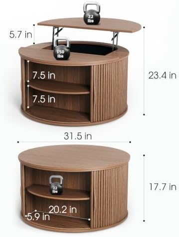 Round Lift Top Coffee Table with Storage for Living Room, Walnut, alternate view 2