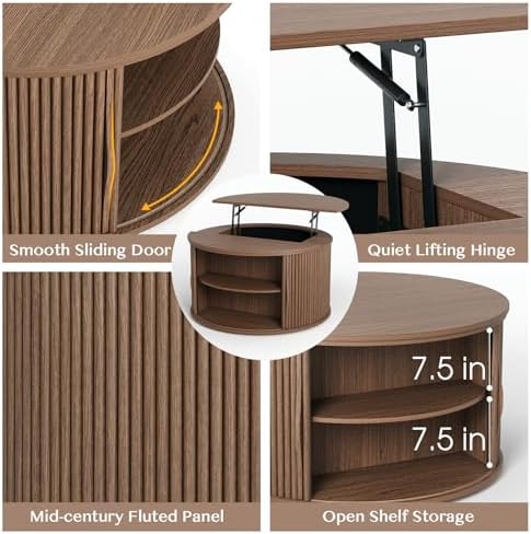 Round Lift Top Coffee Table with Storage for Living Room, Walnut, alternate view 4