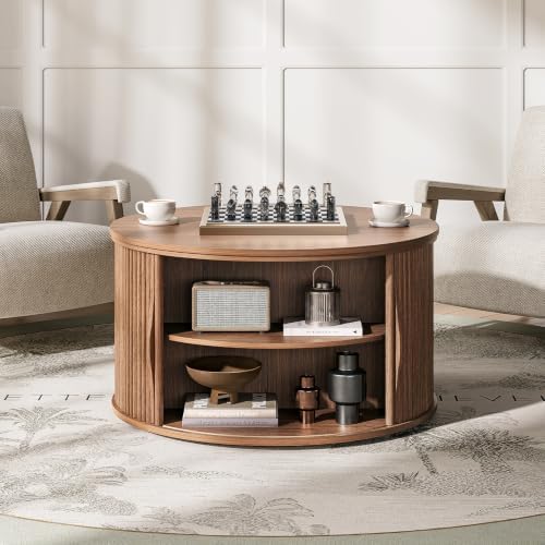 Round Lift Top Coffee Table with Storage for Living Room, Walnut, alternate view 5