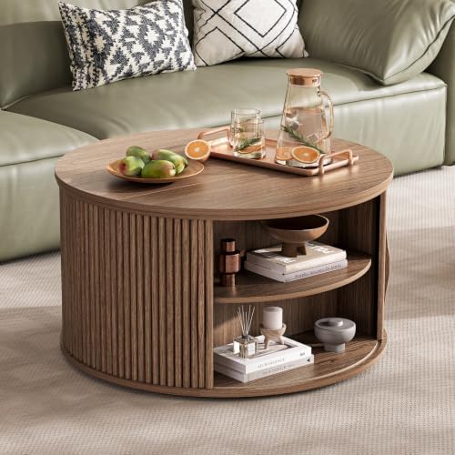 Round Lift Top Coffee Table with Storage for Living Room, Walnut, alternate view 6