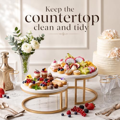 Round Marble Cake Stand Charcuterie Board, 9.45 x 4.33 in in White, Gold, alternate view 6