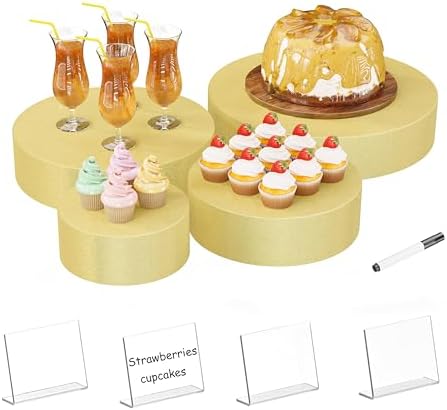 Round Metal Buffet Risers,4PCS Food Risers for Buffet Table 6in to 12in with Mini Acrylic Signs for Catering