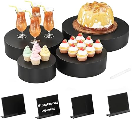 Round Metal Buffet Risers,4PCS Food Risers for Buffet Table 6in to 12in with Mini Acrylic Signs for Catering