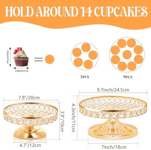 Round Metal Dessert Tray Set of 2, 9.7" & 7.9" Crystal Cupcake Display Stand for Weddings, Birthdays, alternate view 3