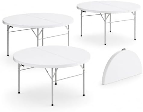 Round Plastic Bi-Fold Folding Table, 60 Inch, Granite White, Alloy Steel Frame, for Banquets, Catering, Events