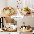 Round Rattan Tray with Mother of Pearl Inlay, Rattan Serving Tray for Coffee, Bread, Fruits, Decorative Wicker, alternate
