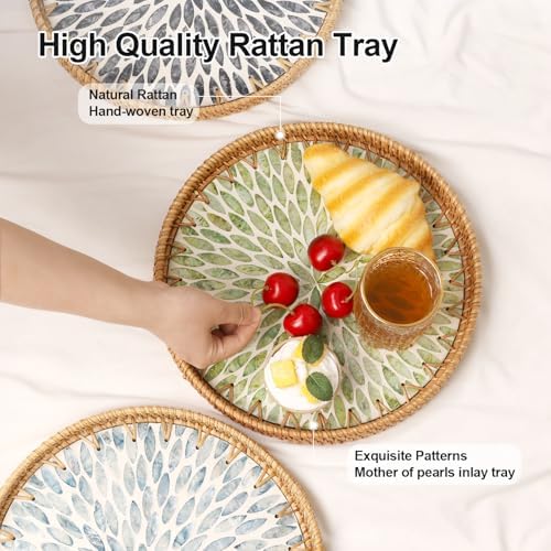 Round Rattan Tray with Mother of Pearl Inlay, Rattan Serving Tray for Coffee, Bread, Fruits, Decorative Wicker, alternate