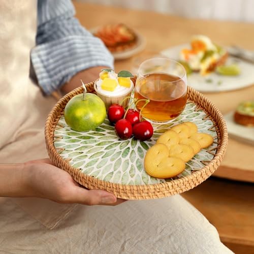 Round Rattan Tray with Mother of Pearl Inlay, Rattan Serving Tray for Coffee, Bread, Fruits, Decorative Wicker, alternate