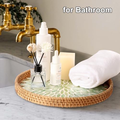 Round Rattan Tray with Mother of Pearl Inlay, Rattan Serving Tray for Coffee, Bread, Fruits, Decorative Wicker, alternate